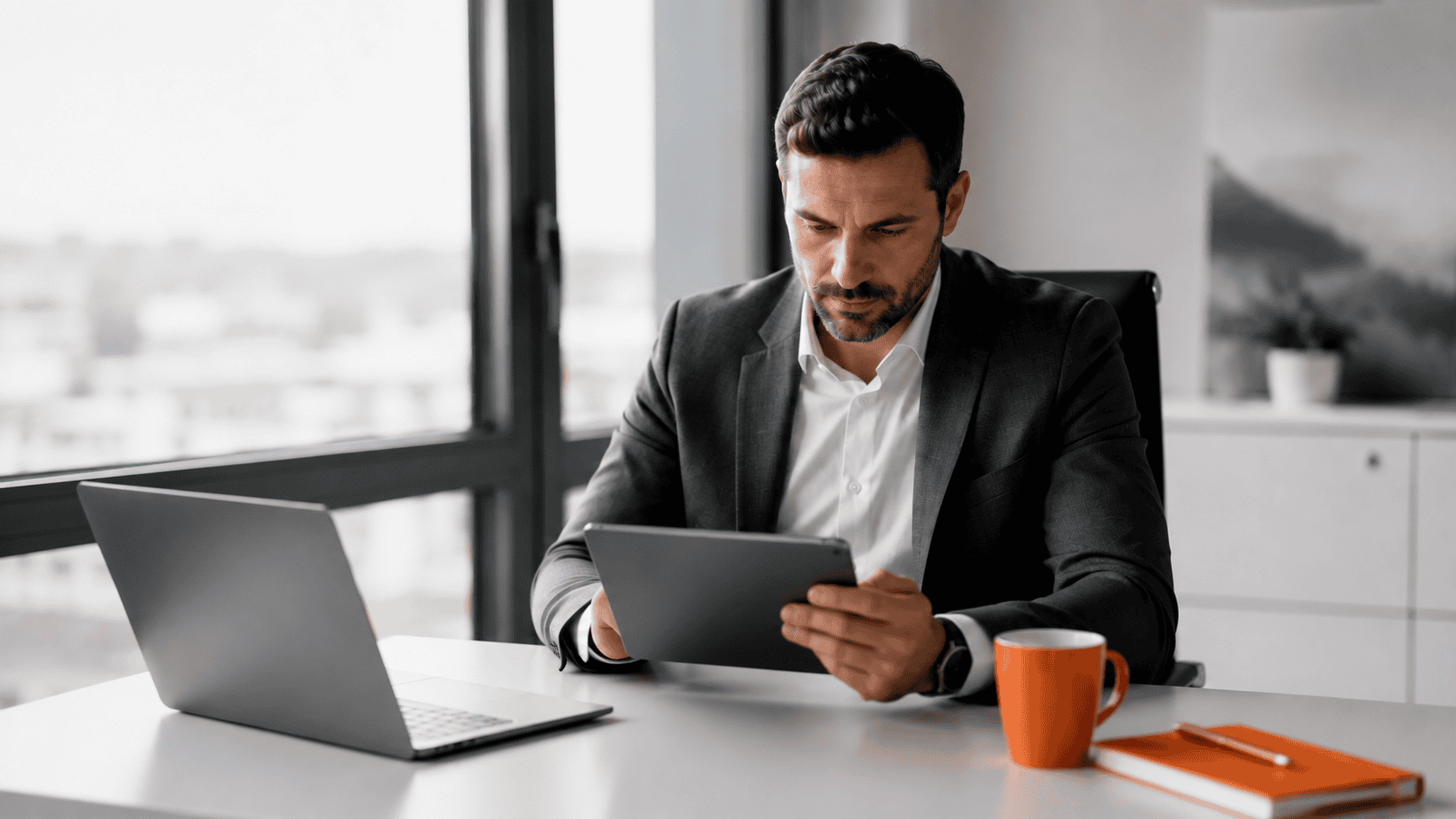 Dirigeant consultant une stratégie marketing et de croissance sur une tablette dans un bureau moderne.
